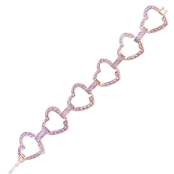 Silver and Marcasite Style Rhinestone Heart Link Bracelet Fold-over Clasp - Picture 2 of 8